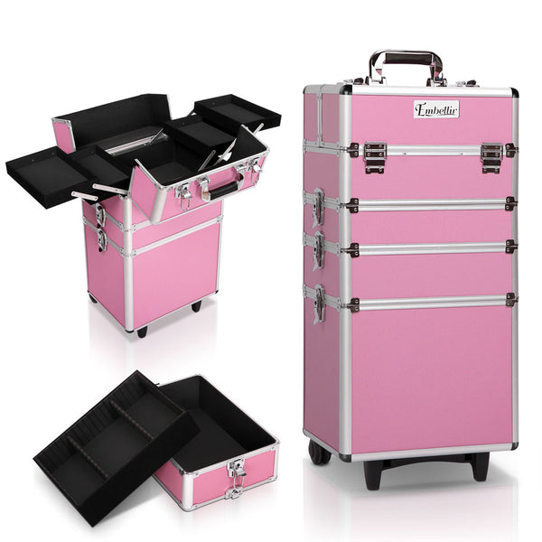  Makeup Case Beauty Trolley Cosmetic Organiser Box Travel Wheels Pink