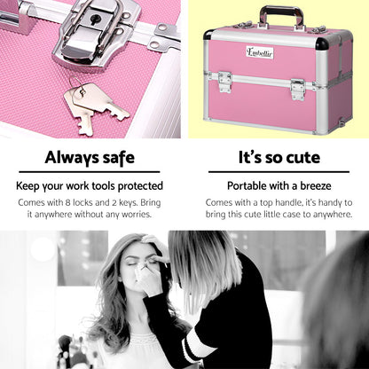 Makeup Case Beauty Trolley Cosmetic Organiser Box Travel Wheels Pink