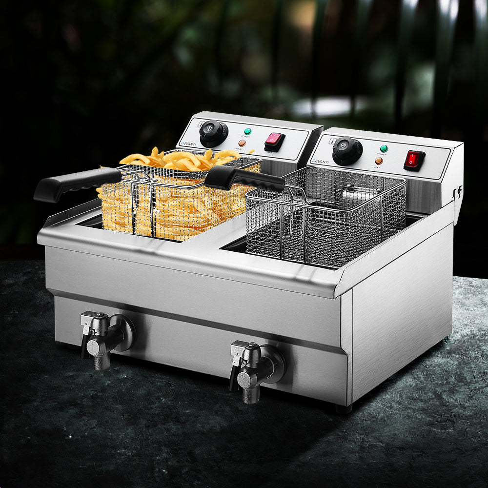 20L Electric Commercial Deep Fryer Double Baskets Oil Taps 6000W