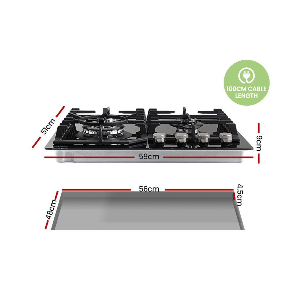 Comfee 60cm Gas Cooktop 4 Burners Kitchen Gas Hob Trivets Stove Cook Top Black, NG LPG