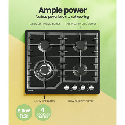 Comfee 60cm Gas Cooktop 4 Burners Kitchen Gas Hob Trivets Stove Cook Top Black, NG LPG