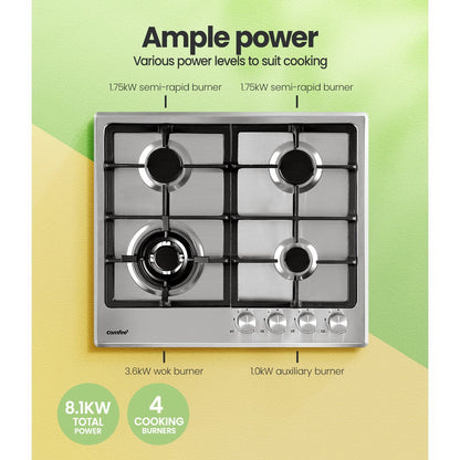 60Cm Gas Cooktop Stainless Steel 4 Burners Kitchen Stove Cook Top Ng Lpg