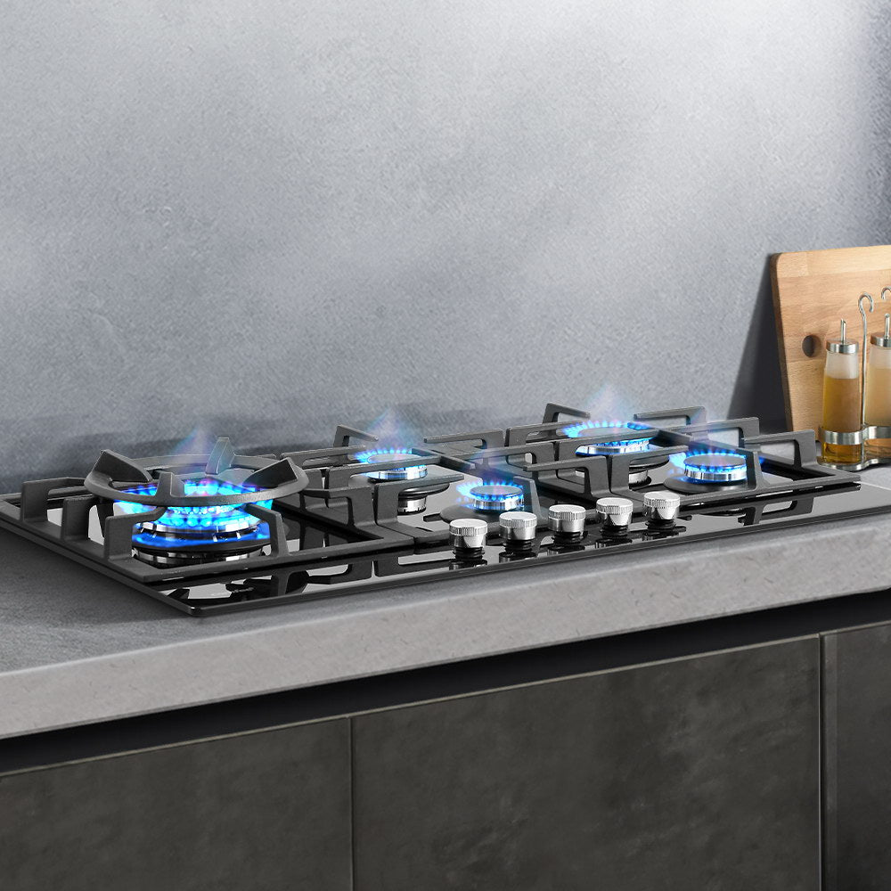 Comfee 90cm Gas Cooktop 5 Burner Kitchen Gas Hob Cook Top Trivets Stove NG LPG, Black