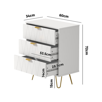 3 Chest of Drawers Dresser Storage Cabinet with Gold Handles White