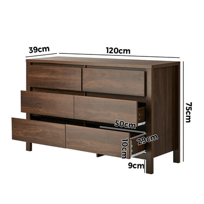 Lowboy Dresser Walnut 6 Drawer 120x39x75cm