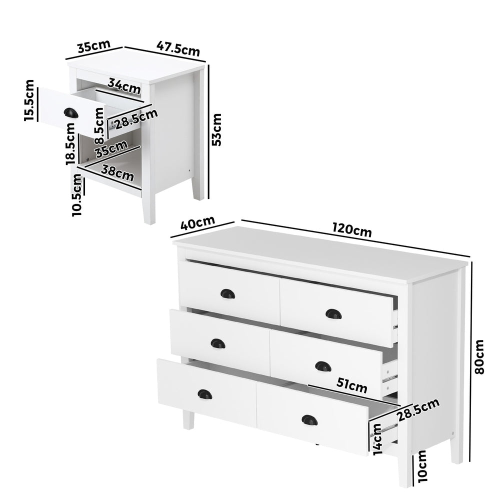 6 Chest of Drawers and 2 Bedside Tables Vintage Bedroom Set White