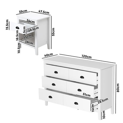 6 Chest of Drawers and 2 Bedside Tables Vintage Bedroom Set White