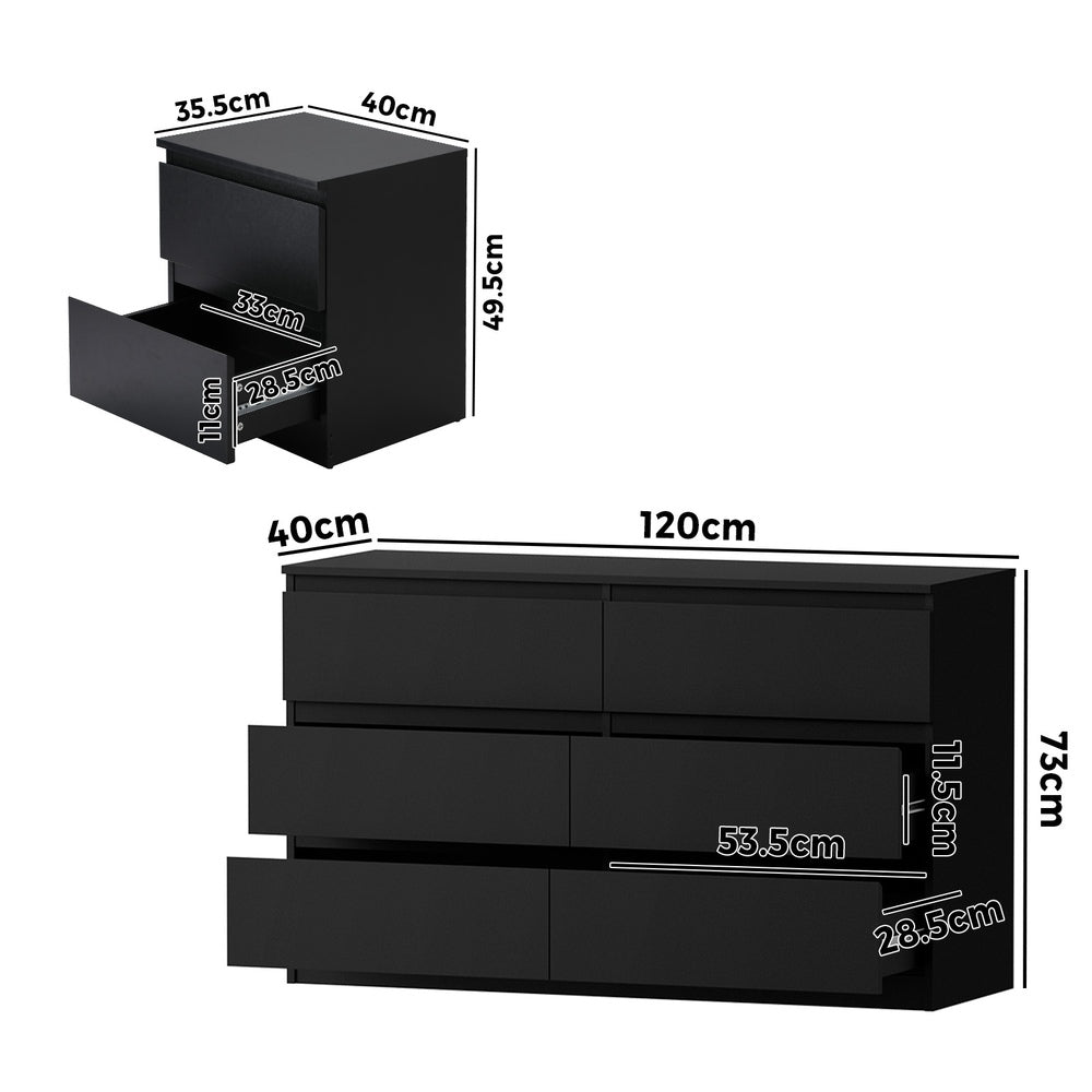 6 Chest of Drawers and 2 Bedside Tables Bedroom Set Black