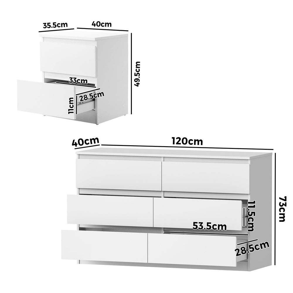 6 Chest of Drawers and 2 Bedside Tables Bedroom Set White