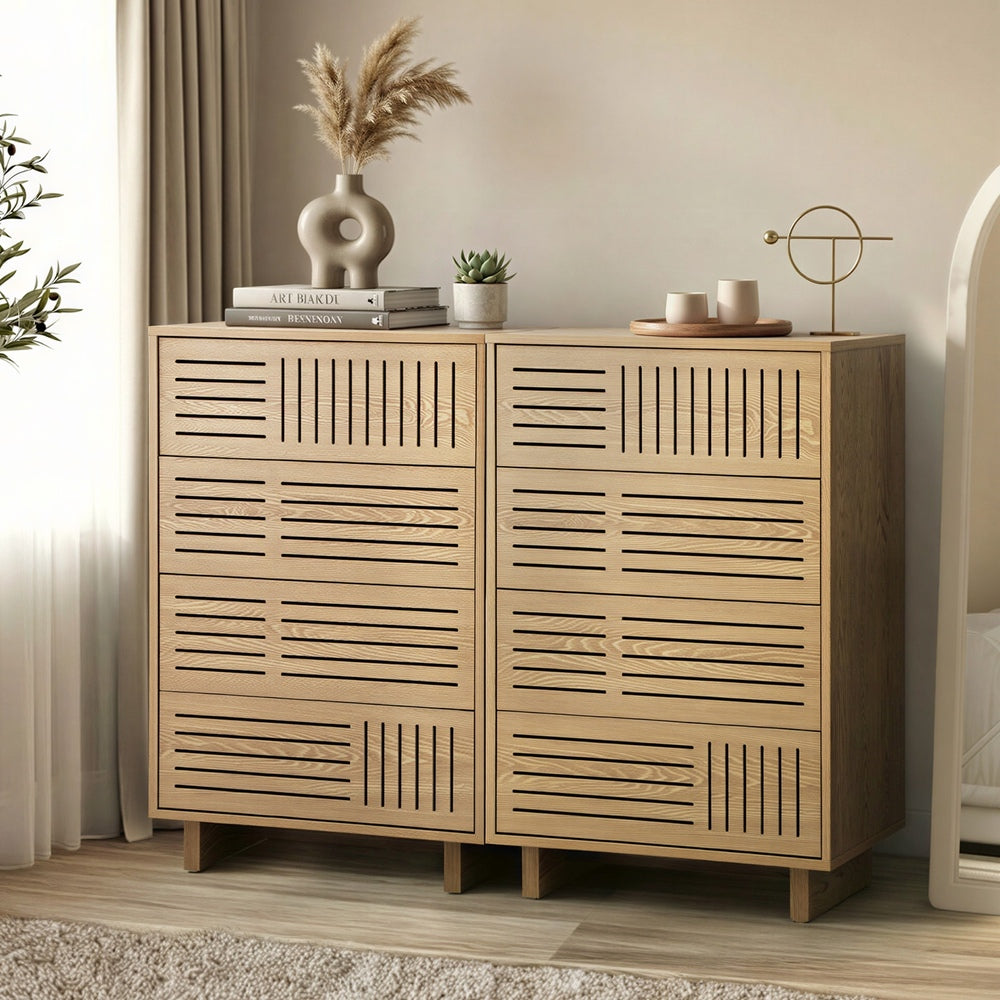 Chest Of Drawers 4 Drawer Storage Cabinet Tallboy Natural Wood 2 Pack