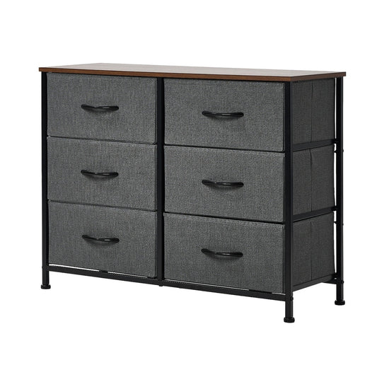 6 Chest of Drawers Fabric Grey Wooden Tabletop