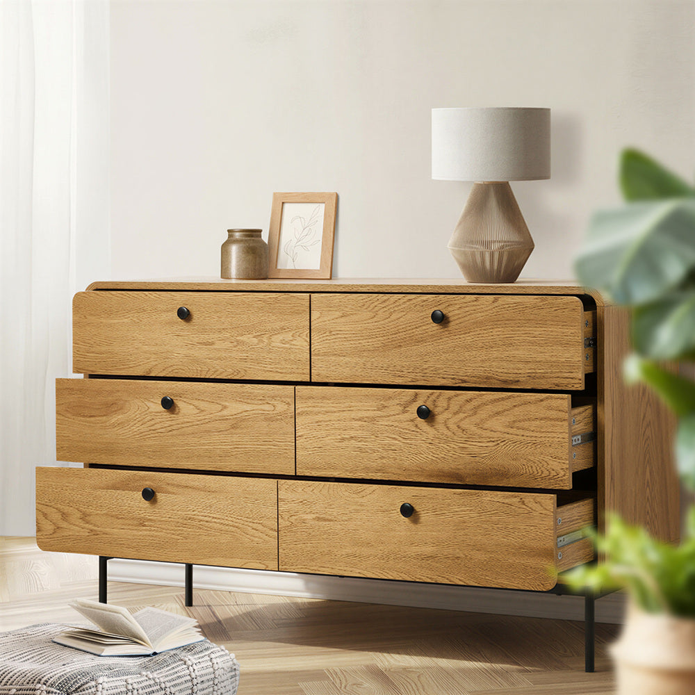 Chest Of Drawers 6 Drawer Tallboy Storage Cabinet Natural Wood Finish