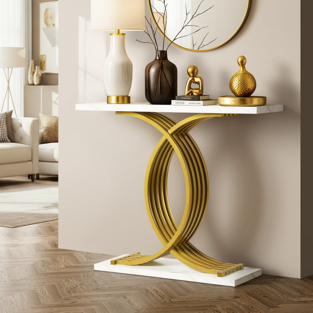 Marble Effect Console Table Hallway Side Desk White Gold 93.5x29.5x81cm