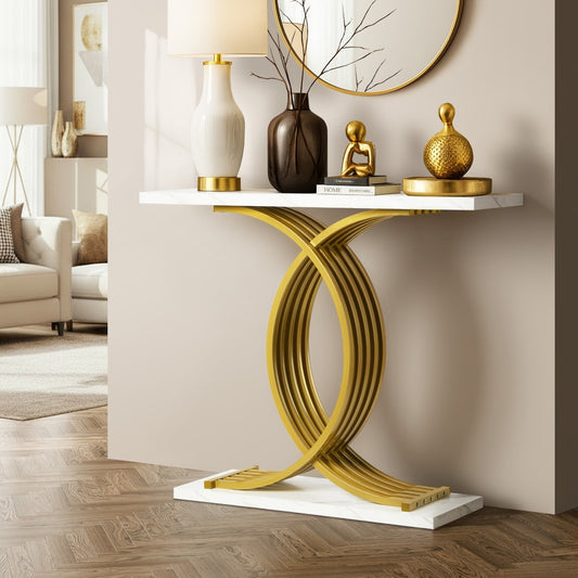 Marble Effect Console Table Hallway Side Desk White Gold 93.5x29.5x81cm