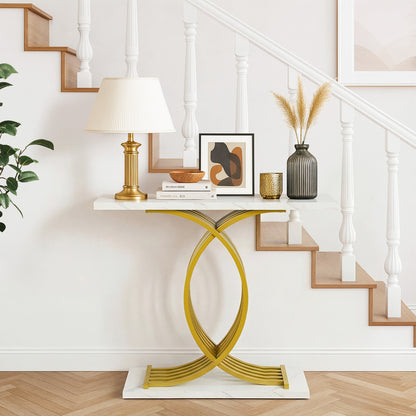 Marble Effect Console Table Hallway Side Desk White Gold 93.5x29.5x81cm