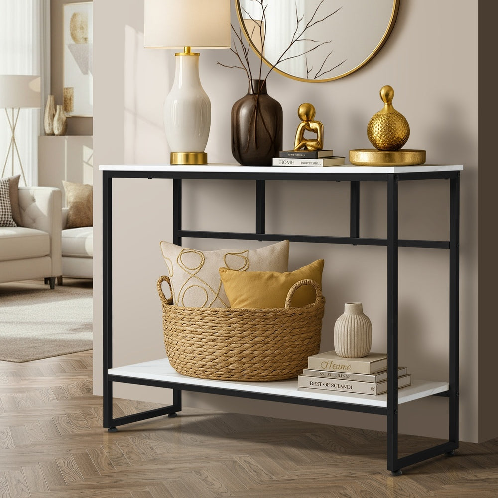 Console Table Hallway Marble Effect Metal Display Table White And Black/Gold