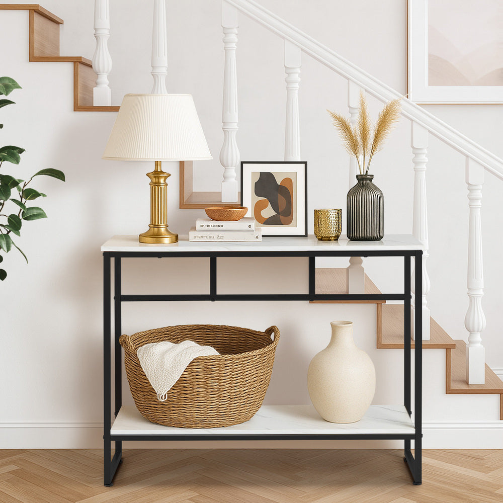 Console Table Hallway Marble Effect Metal Display Table White And Black/Gold