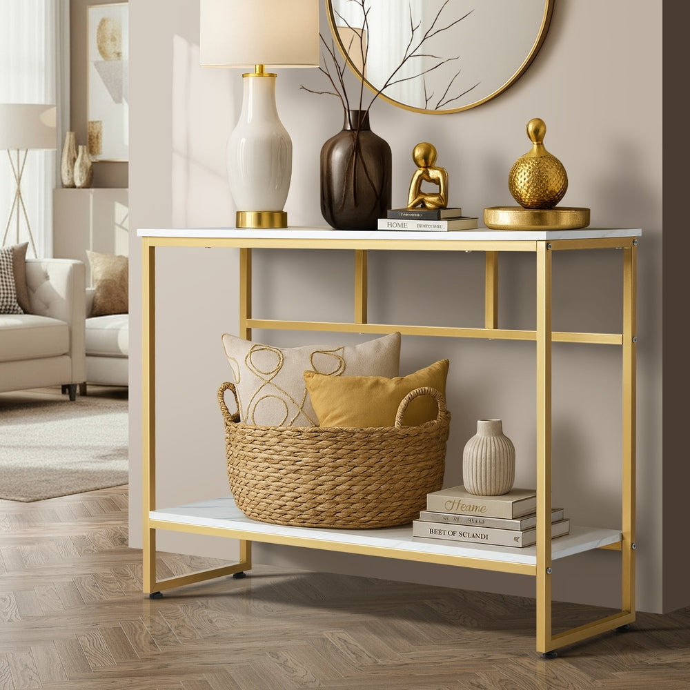 Console Table Hallway Marble Effect Metal Display Table White And Black/Gold