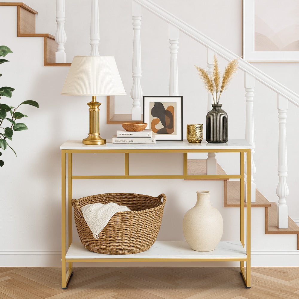 Console Table Hallway Marble Effect Metal Display Table White And Black/Gold
