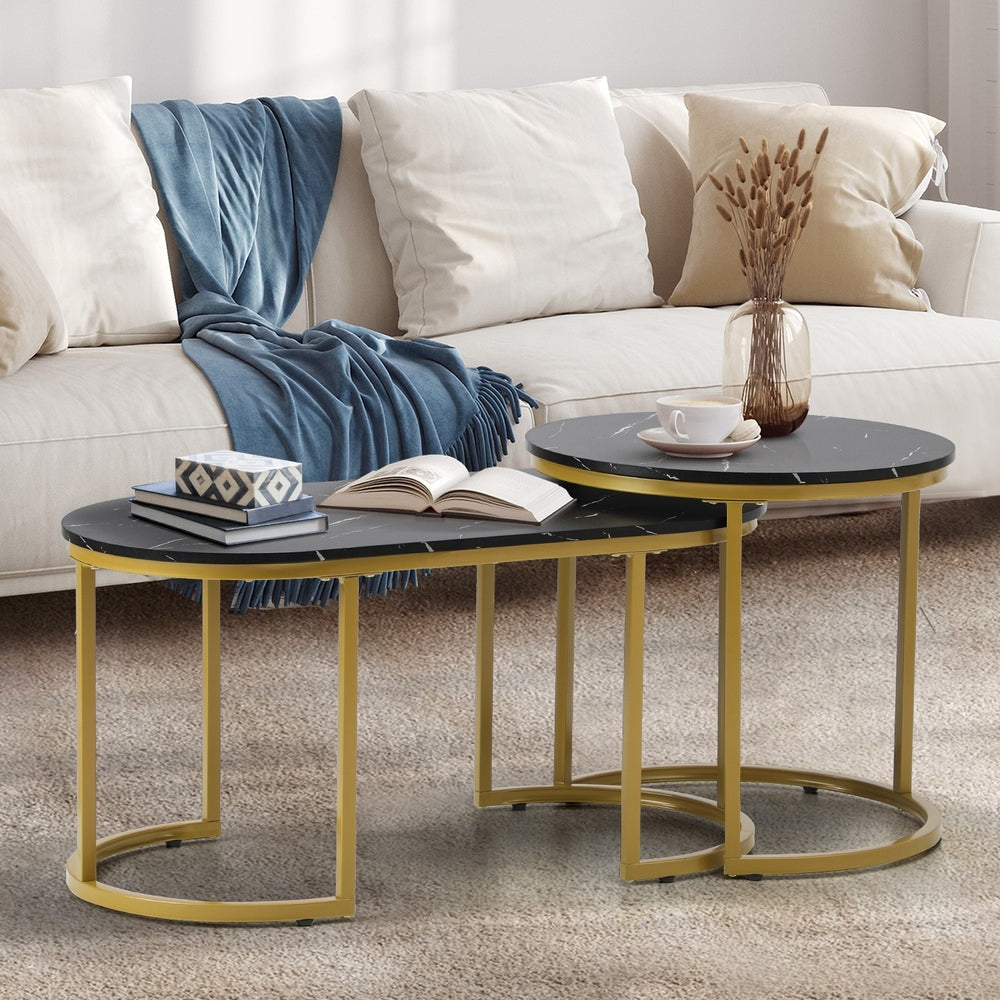Nesting  Coffee Table Set of 2 Marble Effect Gold Black