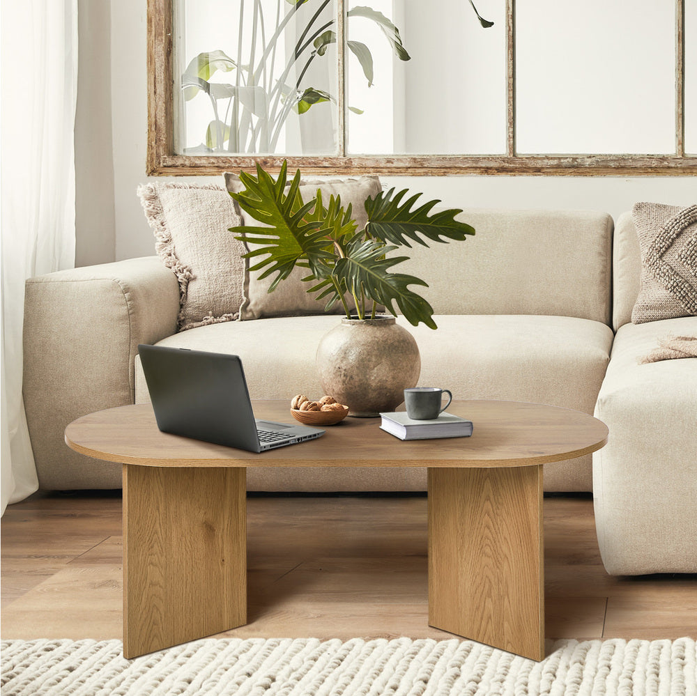 Coffee Table Oval Sofa End Table Side Desk Timber Walnut Finish