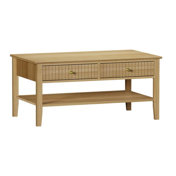  Coffee Table with Storage Drawers Open Shelving Natural