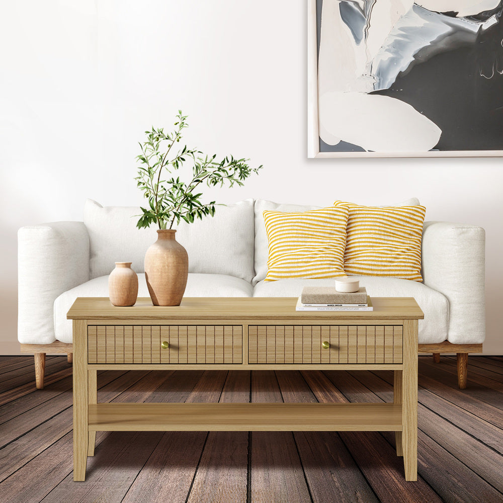 Coffee Table with Storage Drawers Open Shelving Natural