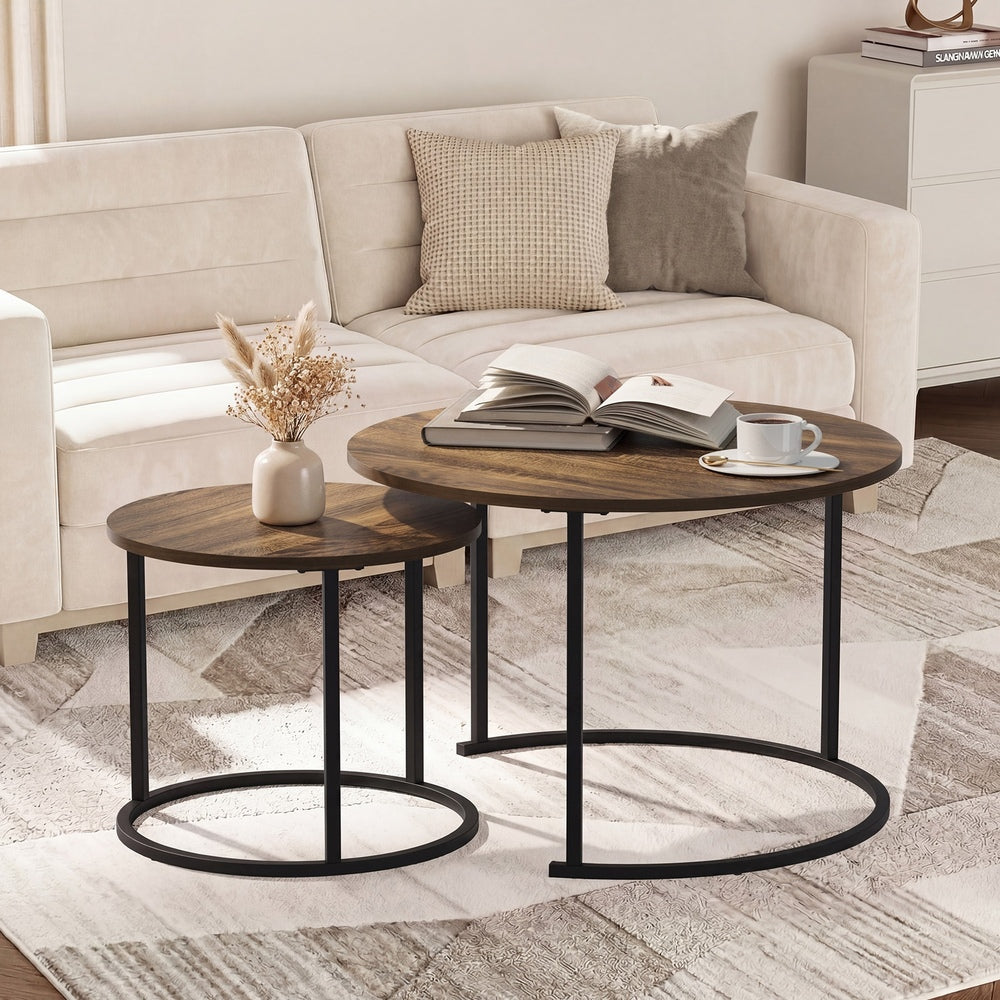 Set of 2 Nesting Coffee Table Round Walnut and