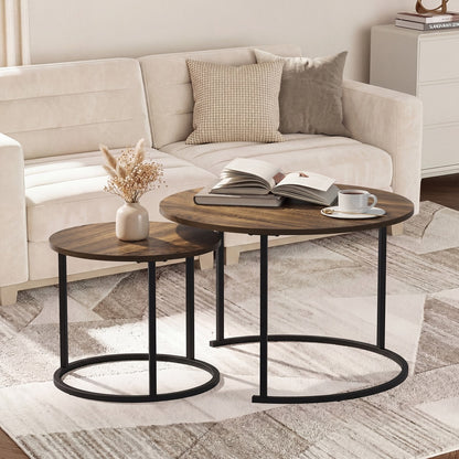Set of 2 Nesting Coffee Table Round Walnut and