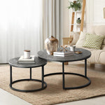 Set of 2 Coffee Table Round Marble Nesting Side End Table Grey & Black