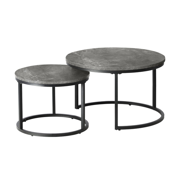  Set of 2 Coffee Table Round Marble Nesting Side End Table Grey & Black