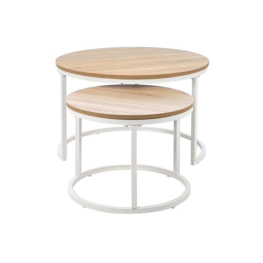 Set of 2 Nesting Coffee Table Round Natural & White