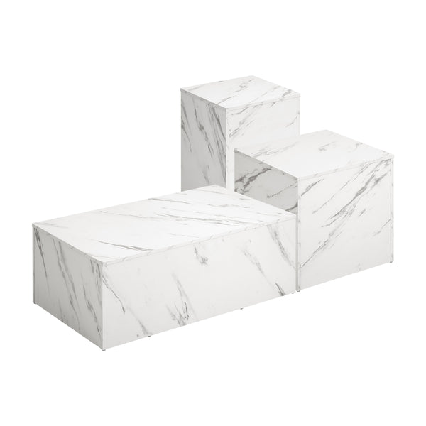  Coffee Table Set of 3 Side Tables Marble Effect White