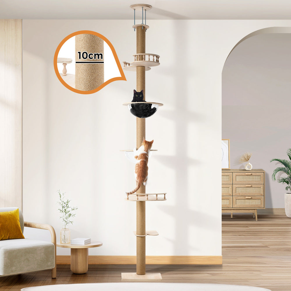 Cat Tree Wood Tower Scratching 300cm Post Floor to Ceiling