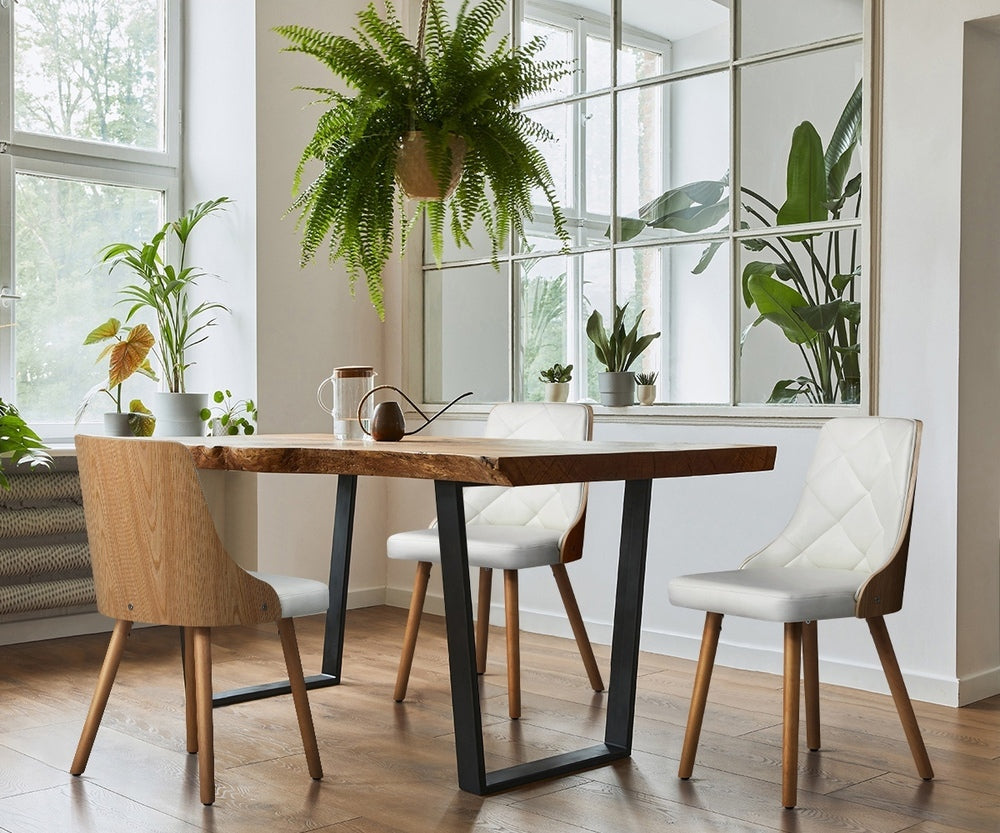 Set of 6 Wooden Dining Chairs with Linen Fabric Padded Seats for Kitchen Grey & White
