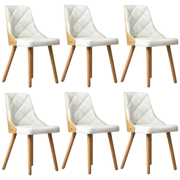  6x Wooden Dining Chairs with White Leather Padded Seats for Dining Room