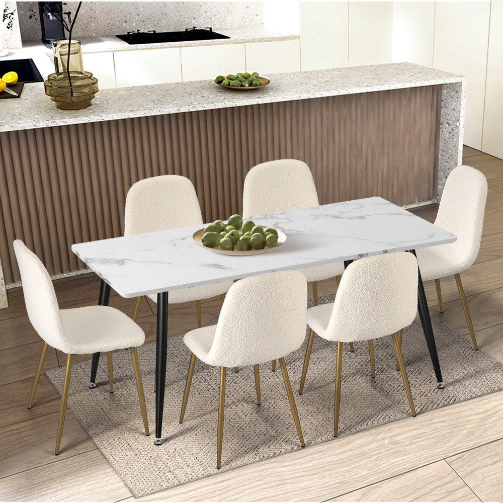 8x Dining Chairs Sherpa White and Wooden