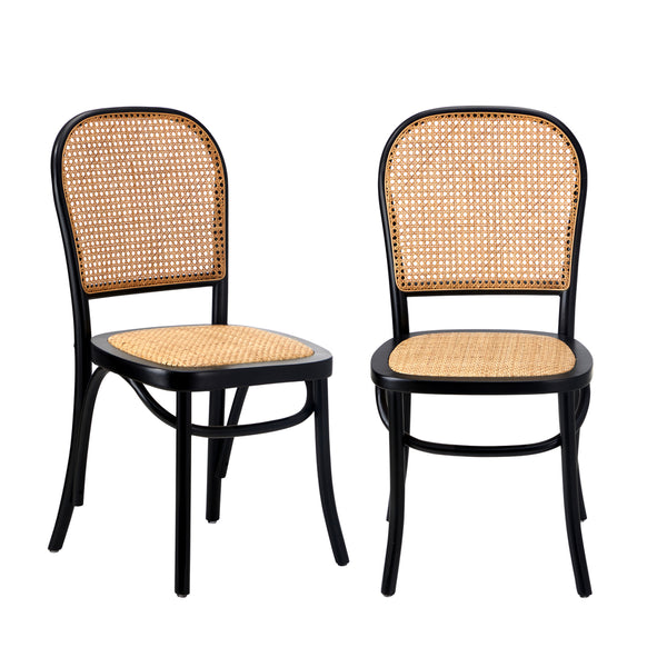  2PCS Dining Chairs Wooden Rattan Black/Beige