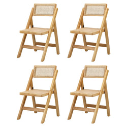 Set of 4 Folding Dining Chairs Rattan & Wooden Kitchen or Patio Seating