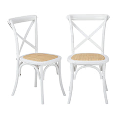2PCS Crossback Dining Chair Solid Wood Ratan Seat White