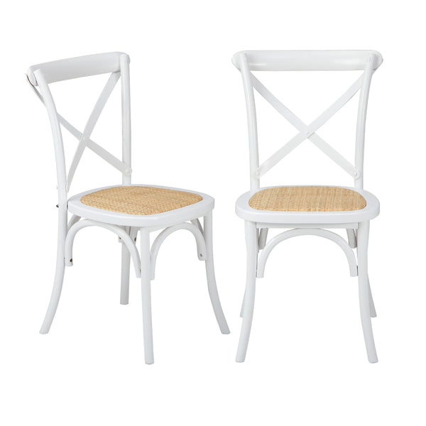  2PCS Crossback Dining Chair Solid Wood Ratan Seat White