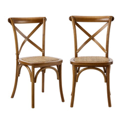 2PCS Crossback Wooden Dining Chair Rattan Seat Walnut