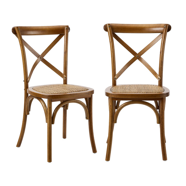  2PCS Crossback Wooden Dining Chair Rattan Seat Walnut