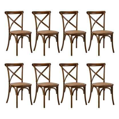 8PCS Crossback Wooden Dining Chair Rattan Seat Walnut