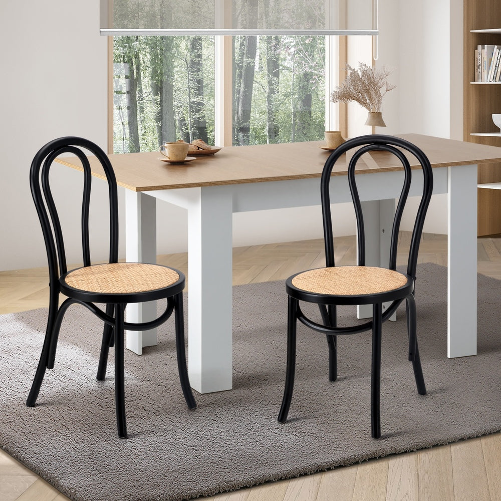 2PCS Black Dining Chairs Solid Wood Frame with Rattan Seat for Kitchen