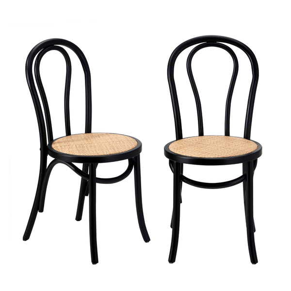  2PCS Black Dining Chairs Solid Wood Frame with Rattan Seat for Kitchen