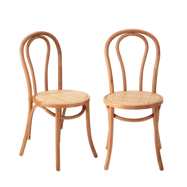  2PCS Dining Chair Solid Wooden Ratan Seat Beige