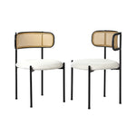 2x Dining Chairs Round Boucle Fabric Rattan Backrest Black & White Set
