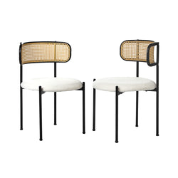 2x Dining Chairs Round Boucle Fabric Rattan Backrest Black & White Set