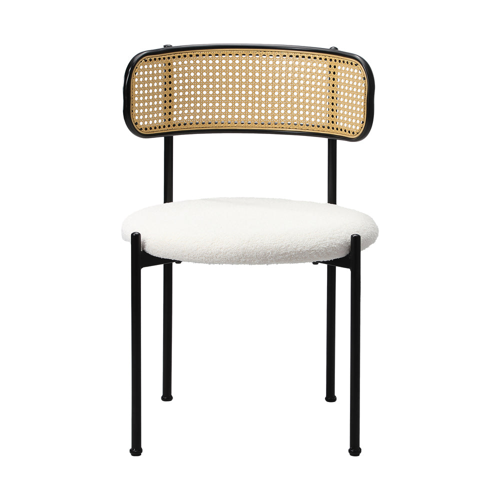 2x Dining Chairs Round Boucle Fabric Rattan Backrest Black & White Set